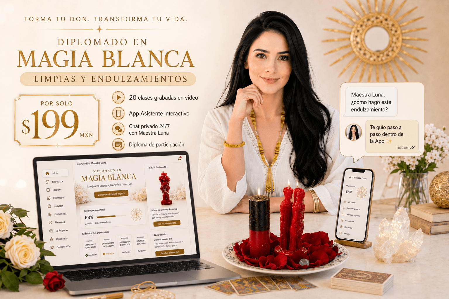 Diplomado en Magia Blanca: Limpias y Endulzamientos — Maestra Luna, laptop con la App, celular, chat privado y precio de lanzamiento $199 MXN